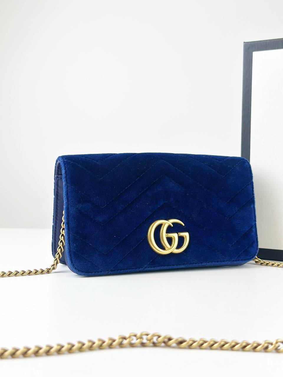 GUCCI GG MARMONT BLUE VELVET MINI CHAIN FLAP CROSSBODY BAG