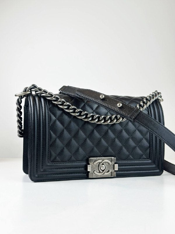CHANEL LE BOY CAVIAR MEDIUM FLAP BLACK SHOULDER BAG SHW