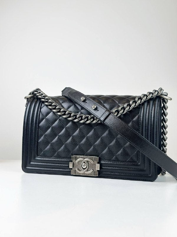 CHANEL LE BOY CAVIAR MEDIUM FLAP BLACK SHOULDER BAG SHW