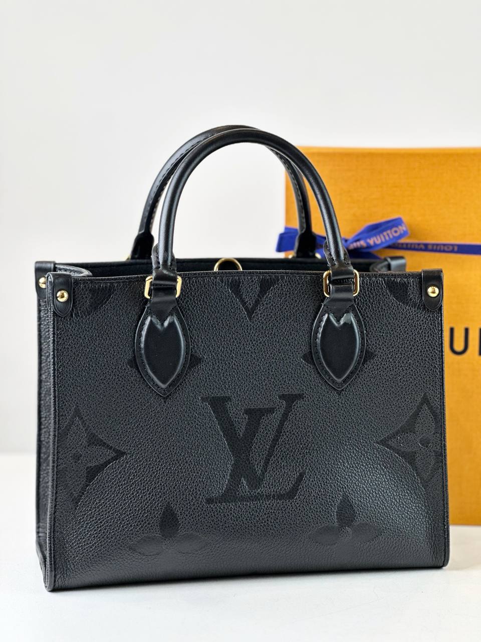 LOUIS VUITTON ON THE GO PM BLACK MONOGRAM EMPREINTE LEATHER TOTE BAG WITH STRAP