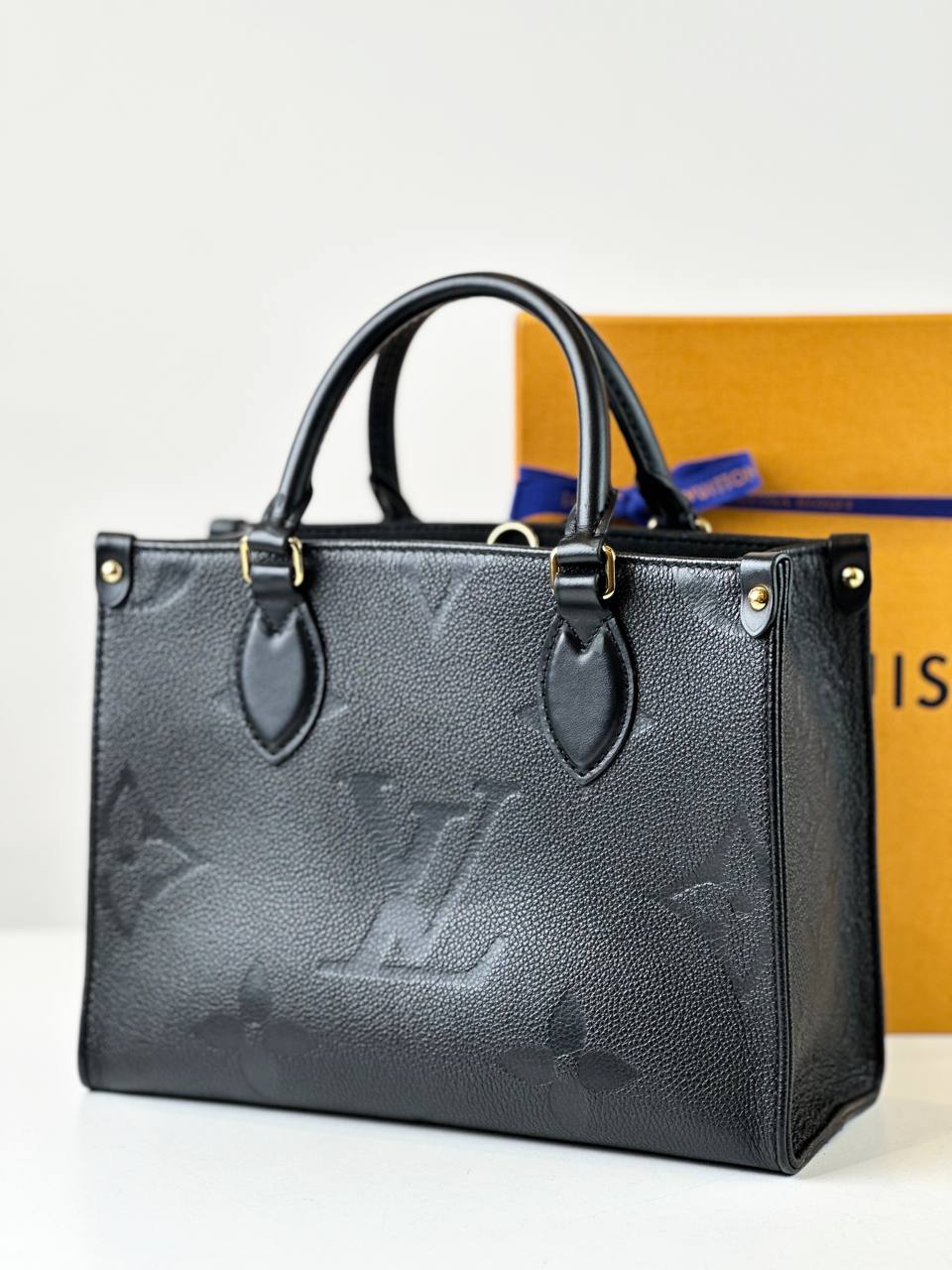 LOUIS VUITTON ON THE GO PM BLACK MONOGRAM EMPREINTE LEATHER TOTE BAG WITH STRAP