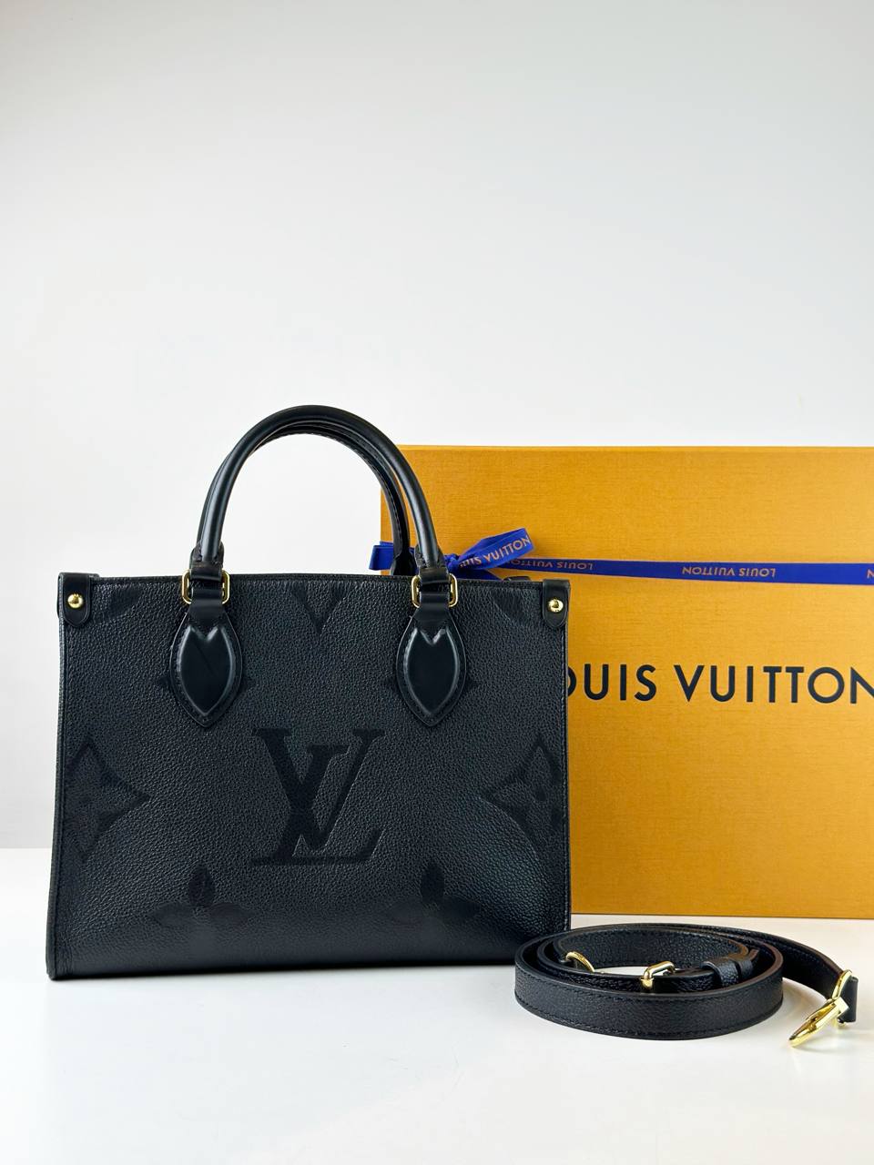 LOUIS VUITTON ON THE GO PM BLACK MONOGRAM EMPREINTE LEATHER TOTE BAG WITH STRAP