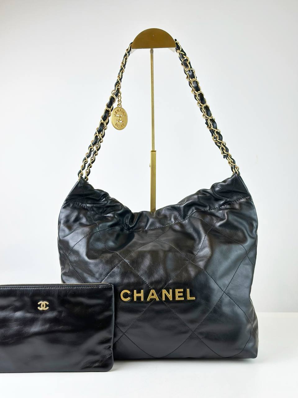 CHANEL 22 SMALL BLACK SHOULDER BAG GHW WITH POUCH