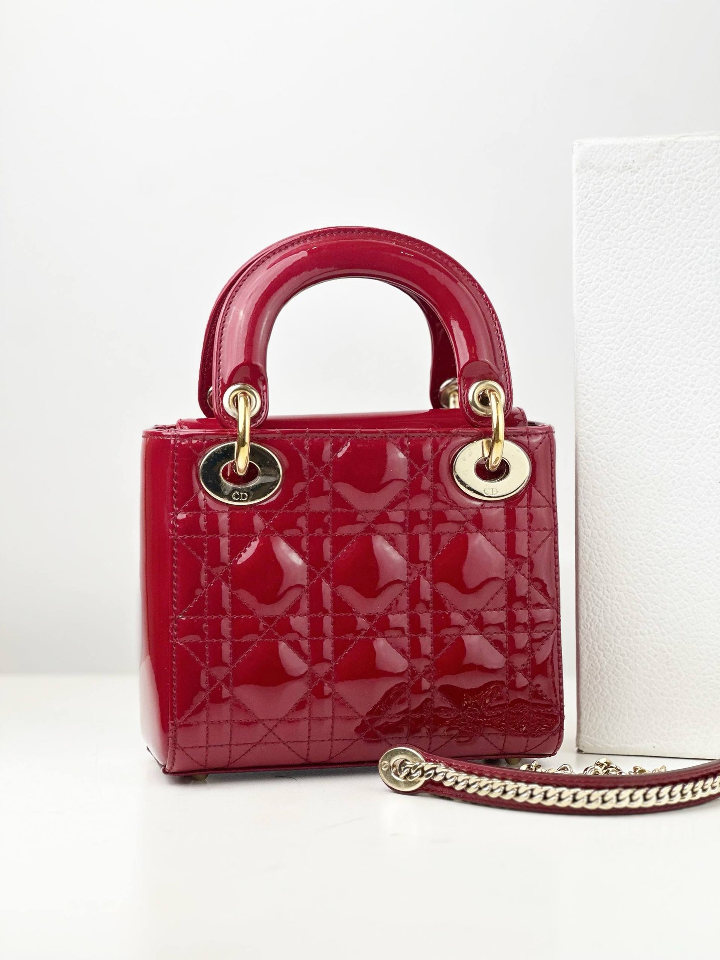 DIOR PATENT LEATHER RED MINI LADY DIOR SHOULDER BAG