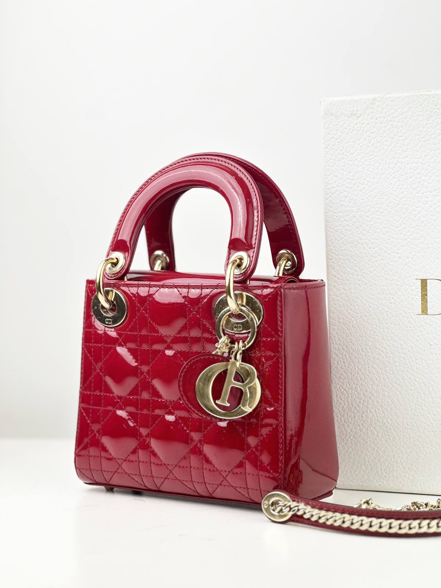 DIOR PATENT LEATHER RED MINI LADY DIOR SHOULDER BAG