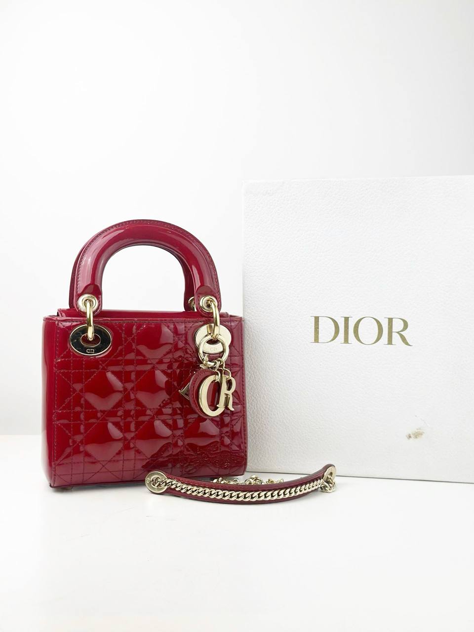 DIOR PATENT LEATHER RED MINI LADY DIOR SHOULDER BAG