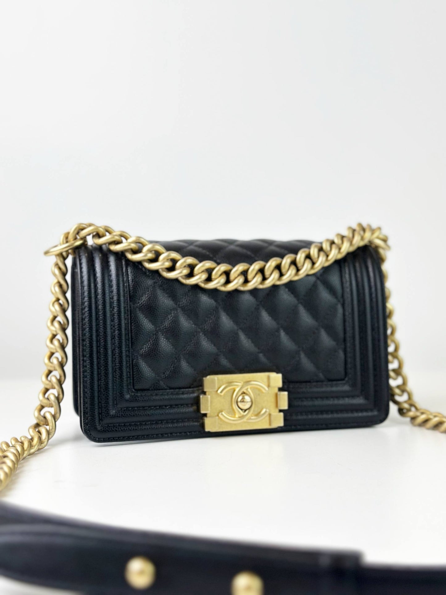 CHANEL LE BOY CAVIAR SMALL FLAP BLACK SHOULDER BAG GHW
