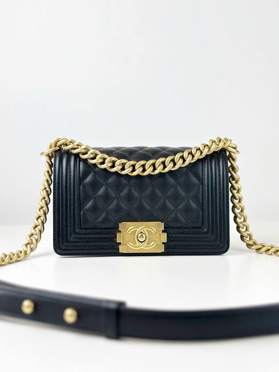 CHANEL LE BOY CAVIAR SMALL FLAP BLACK SHOULDER BAG GHW