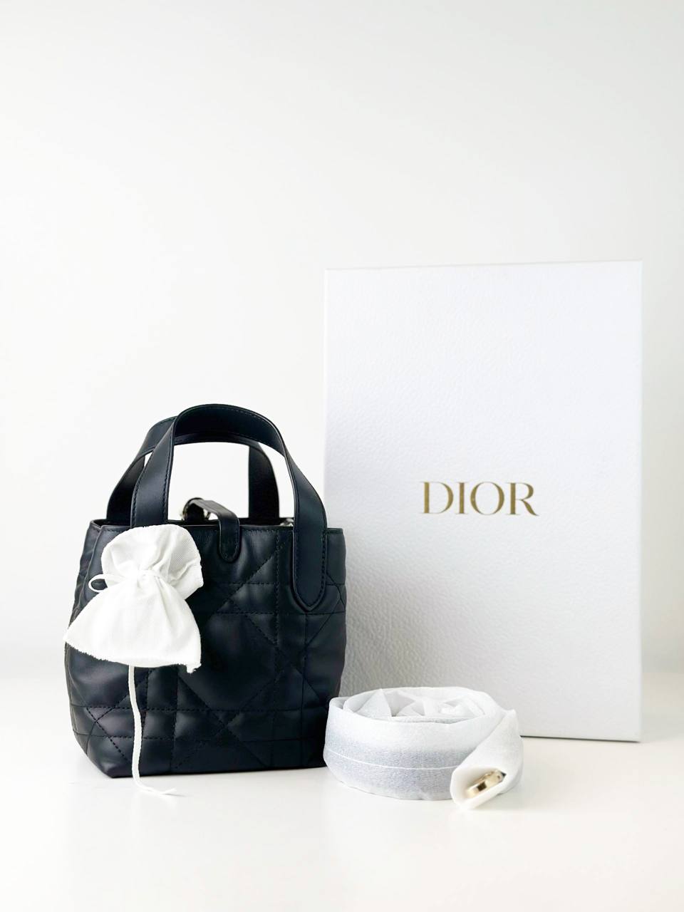 DIOR TOUJOURS MACROCANNAGE BLACK VERTICAL NANO TOTE BAG