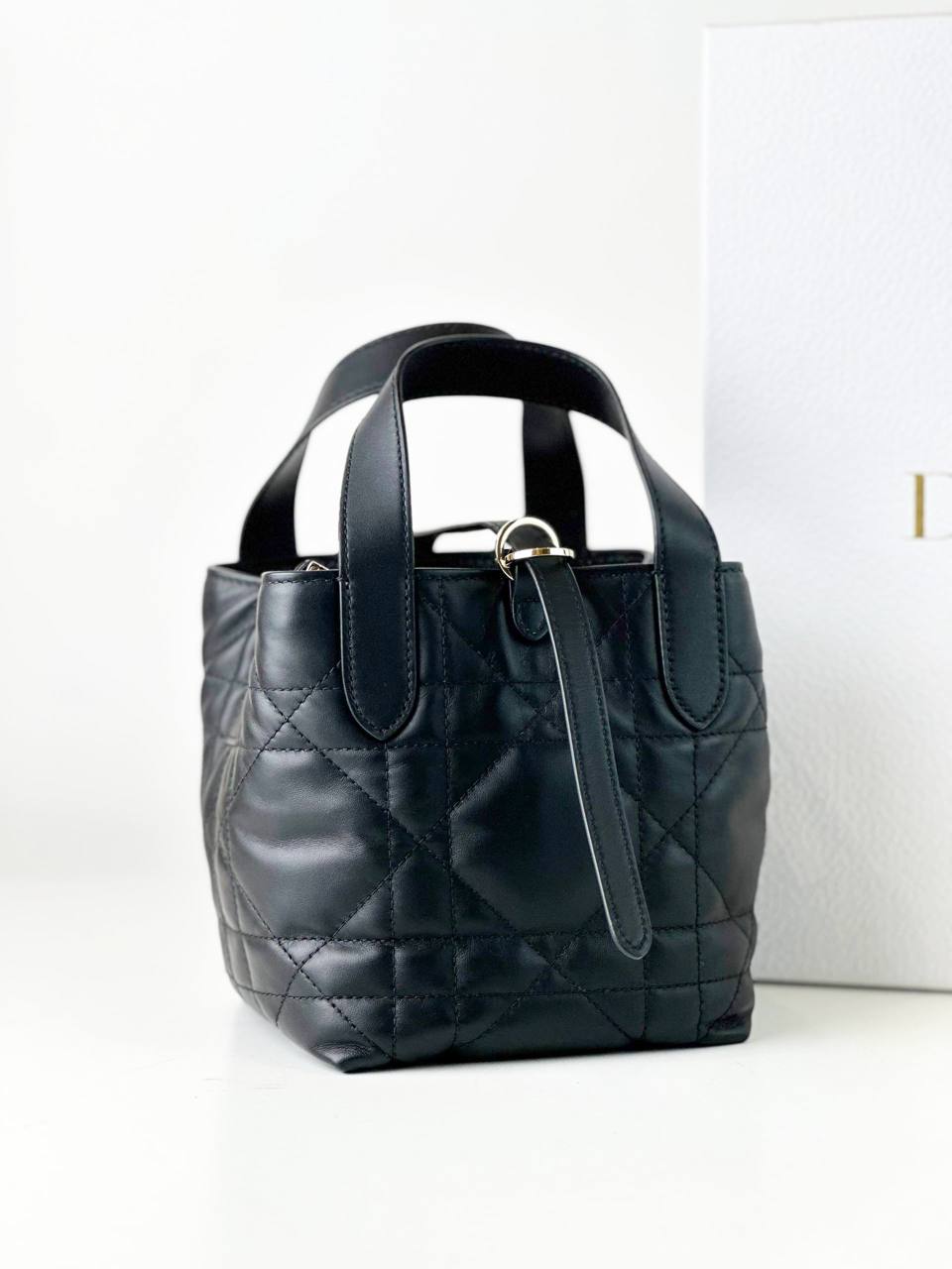 DIOR TOUJOURS MACROCANNAGE BLACK VERTICAL NANO TOTE BAG