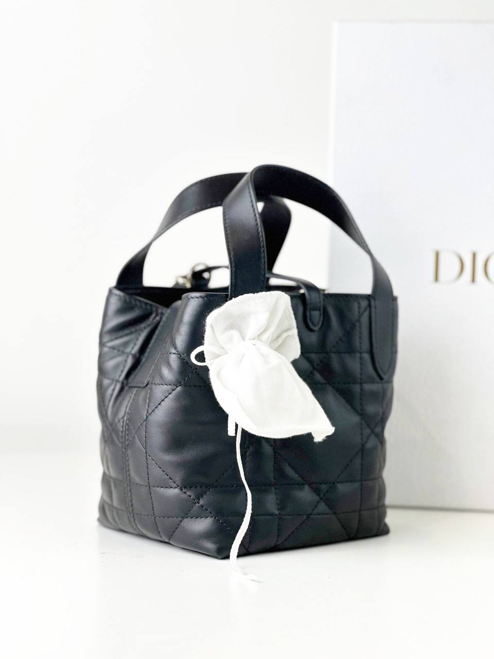 DIOR TOUJOURS MACROCANNAGE BLACK VERTICAL NANO TOTE BAG