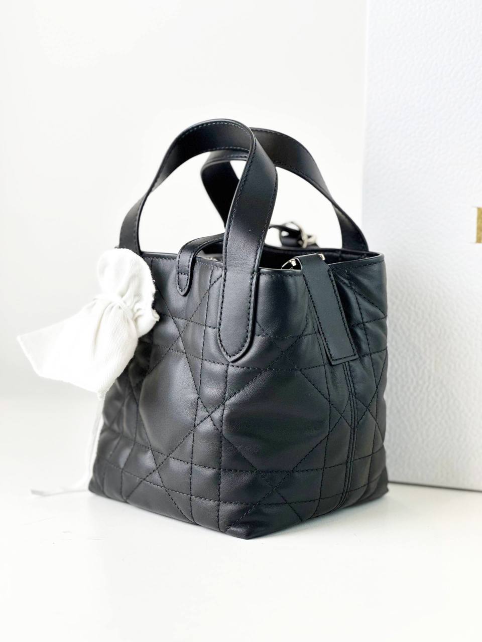 DIOR TOUJOURS MACROCANNAGE BLACK VERTICAL NANO TOTE BAG