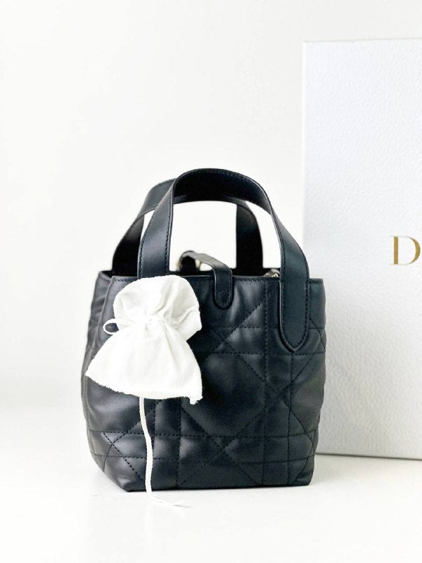 DIOR TOUJOURS MACROCANNAGE BLACK VERTICAL NANO TOTE BAG