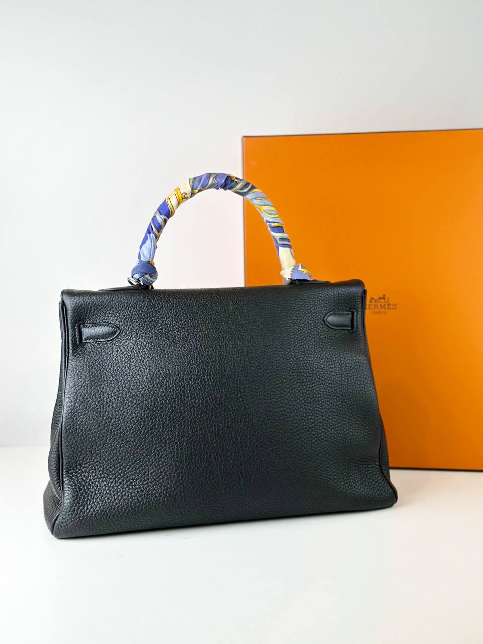 HERMES KELLY 32 NOIR CLEMENCE LEATHER HANDBAG PHW