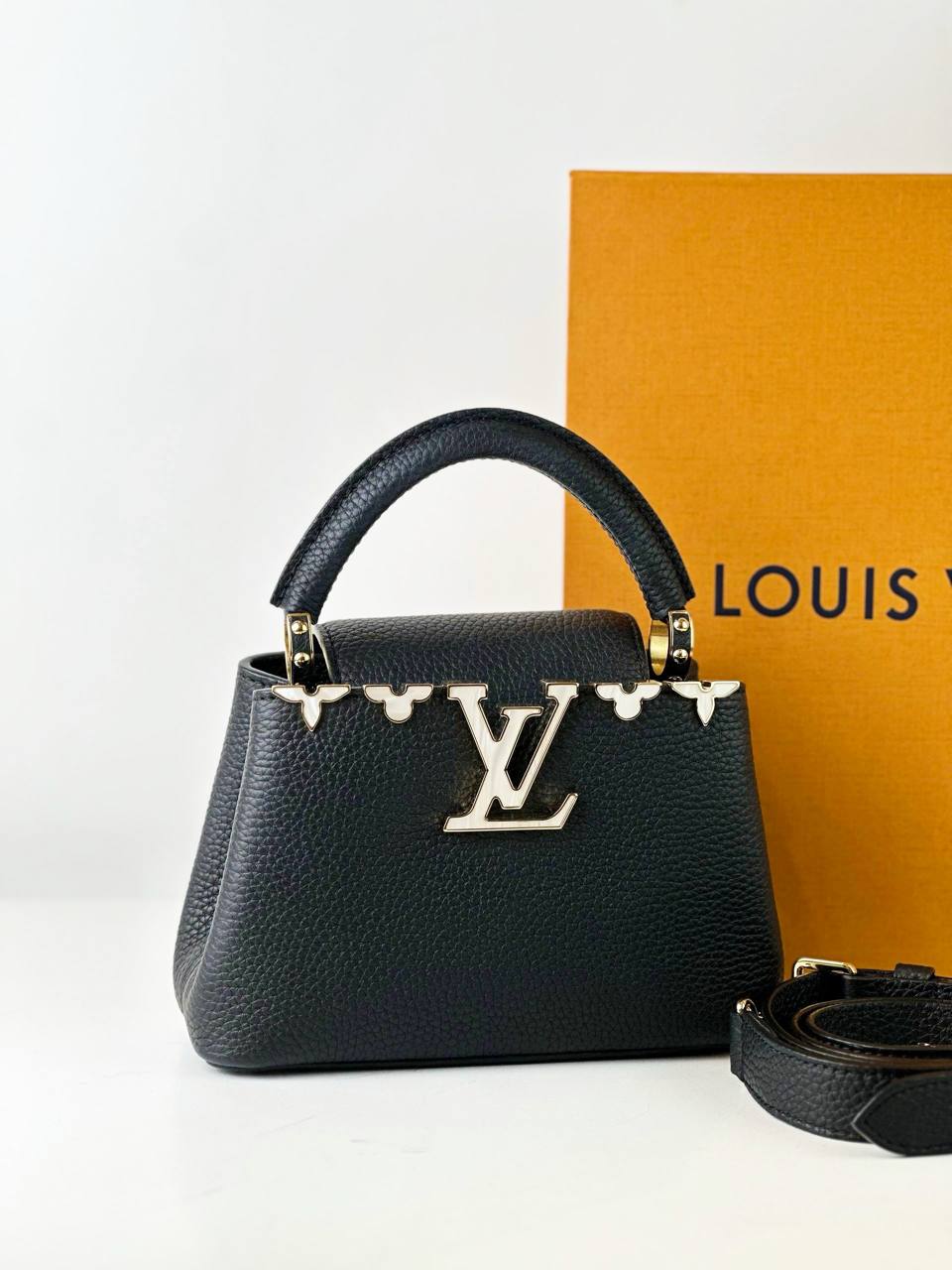 LOUIS VUITTON CAPUCINES MINI MOTHER OF PEARL MONOGRAM FLOWERS BLACK TAURILLON LEATHER HANDBAG WITH STRAP