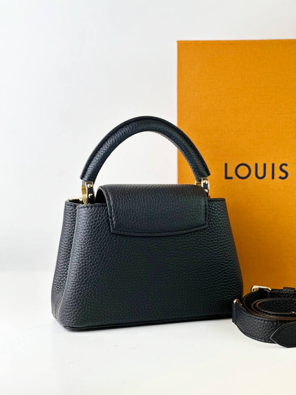 LOUIS VUITTON CAPUCINES MINI MOTHER OF PEARL MONOGRAM FLOWERS BLACK TAURILLON LEATHER HANDBAG WITH STRAP