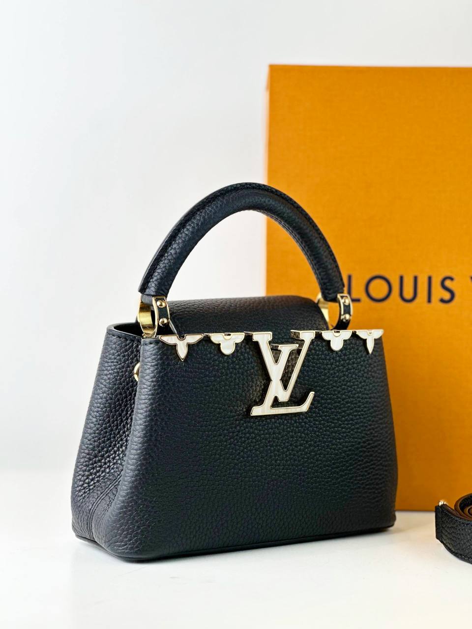 LOUIS VUITTON CAPUCINES MINI MOTHER OF PEARL MONOGRAM FLOWERS BLACK TAURILLON LEATHER HANDBAG WITH STRAP