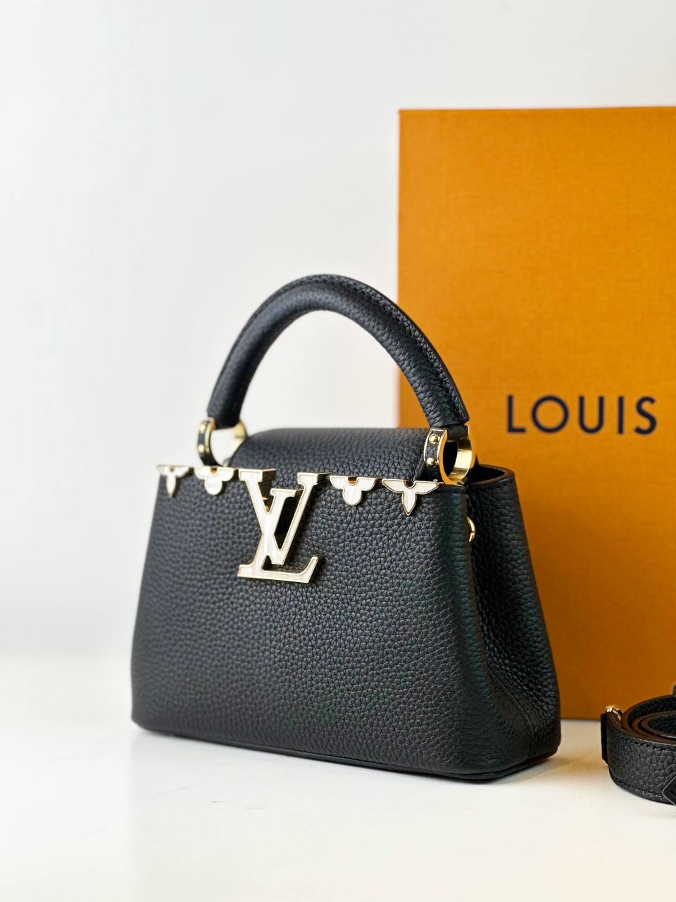 LOUIS VUITTON CAPUCINES MINI MOTHER OF PEARL MONOGRAM FLOWERS BLACK TAURILLON LEATHER HANDBAG WITH STRAP