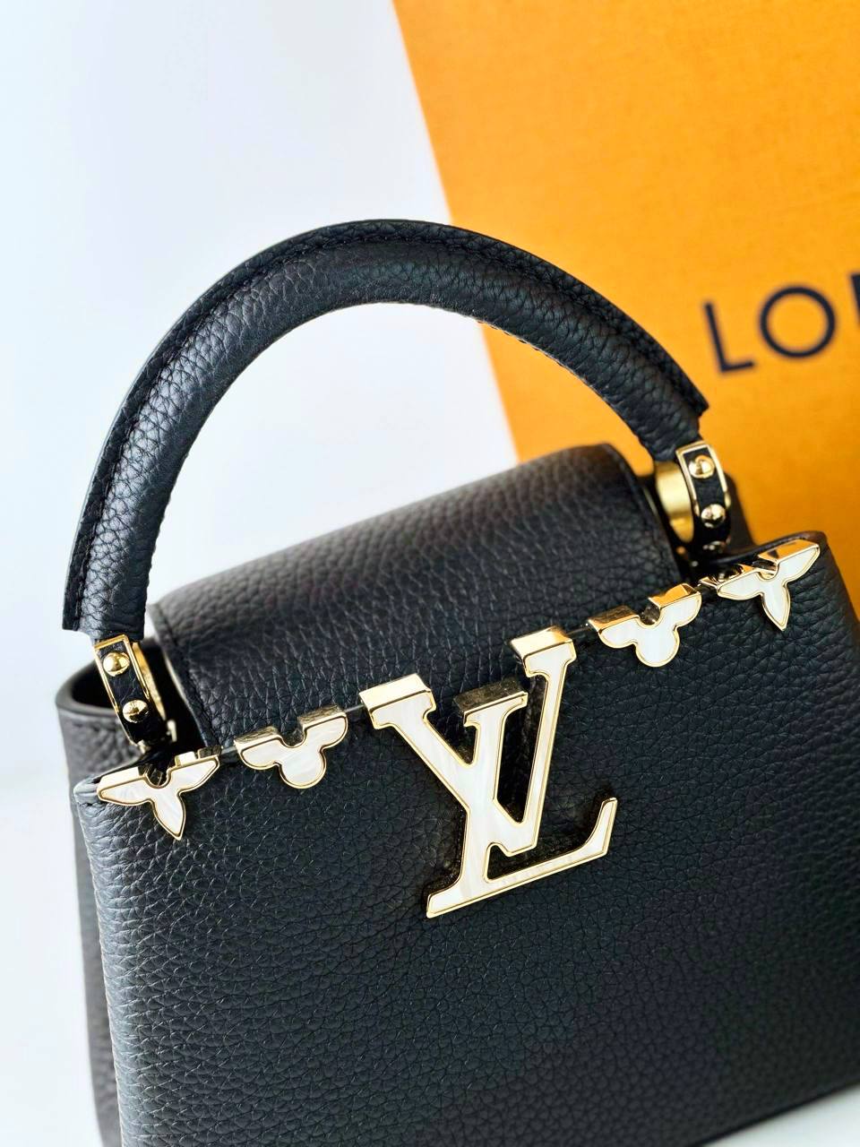 LOUIS VUITTON CAPUCINES MINI MOTHER OF PEARL MONOGRAM FLOWERS BLACK TAURILLON LEATHER HANDBAG WITH STRAP