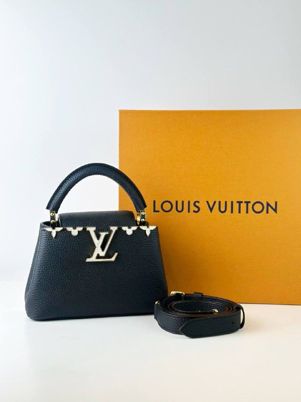 LOUIS VUITTON CAPUCINES MINI MOTHER OF PEARL MONOGRAM FLOWERS BLACK TAURILLON LEATHER HANDBAG WITH STRAP