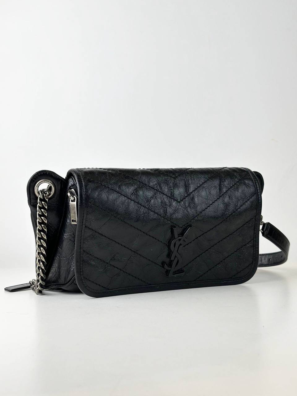 YSL NIKI CRINKLED CALFSKIN BLACK WAIST BAG