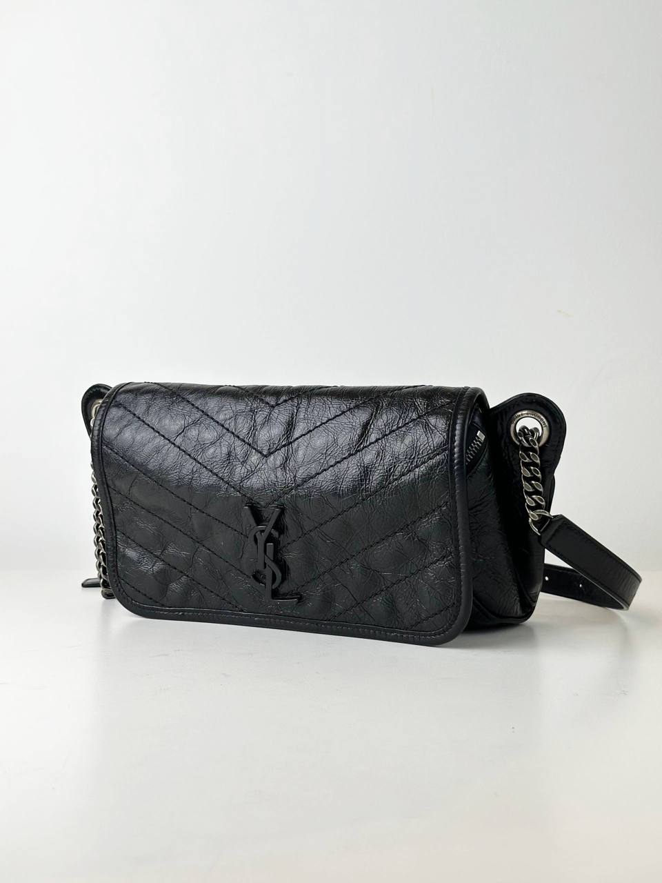 YSL NIKI CRINKLED CALFSKIN BLACK WAIST BAG