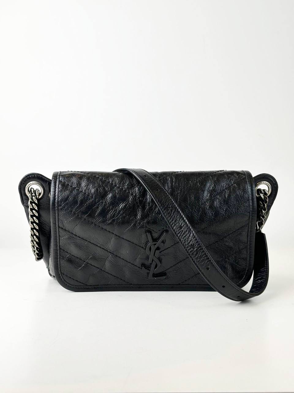 YSL NIKI CRINKLED CALFSKIN BLACK WAIST BAG