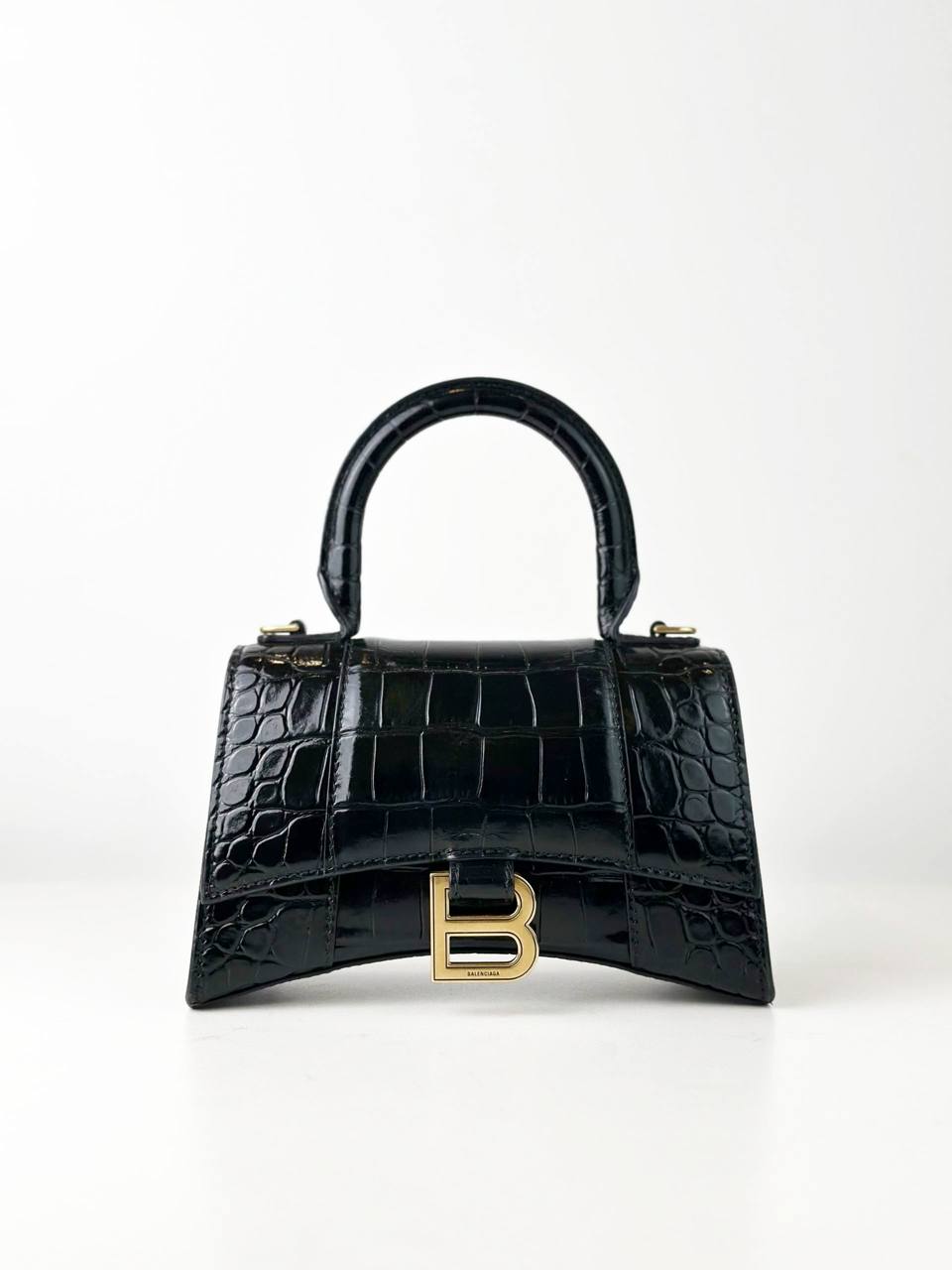 BALENCIAGA HOURGLASS XS BLACK CROC EMBOSSED CROSSBODY BAG GHW