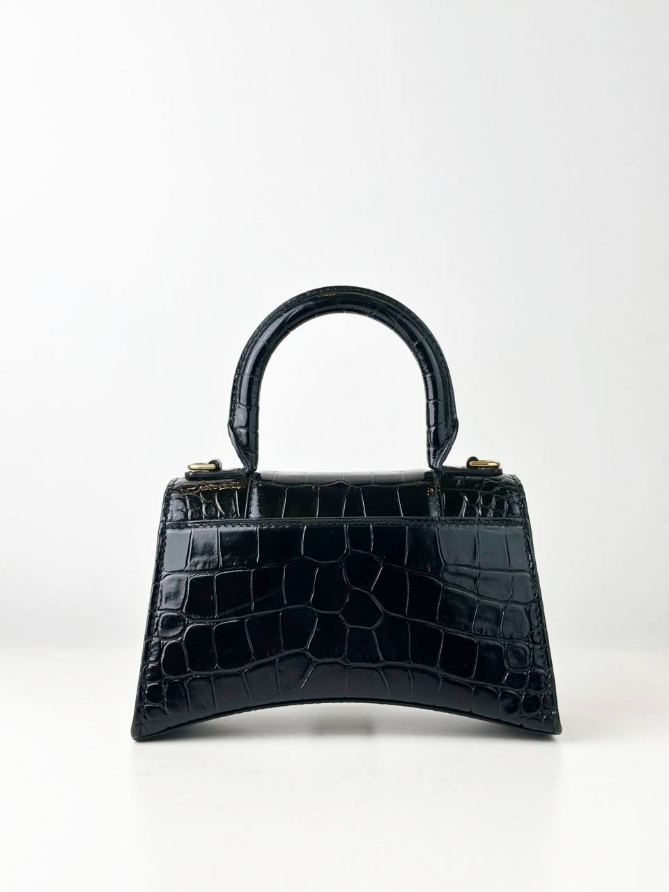 BALENCIAGA HOURGLASS XS BLACK CROC EMBOSSED CROSSBODY BAG GHW