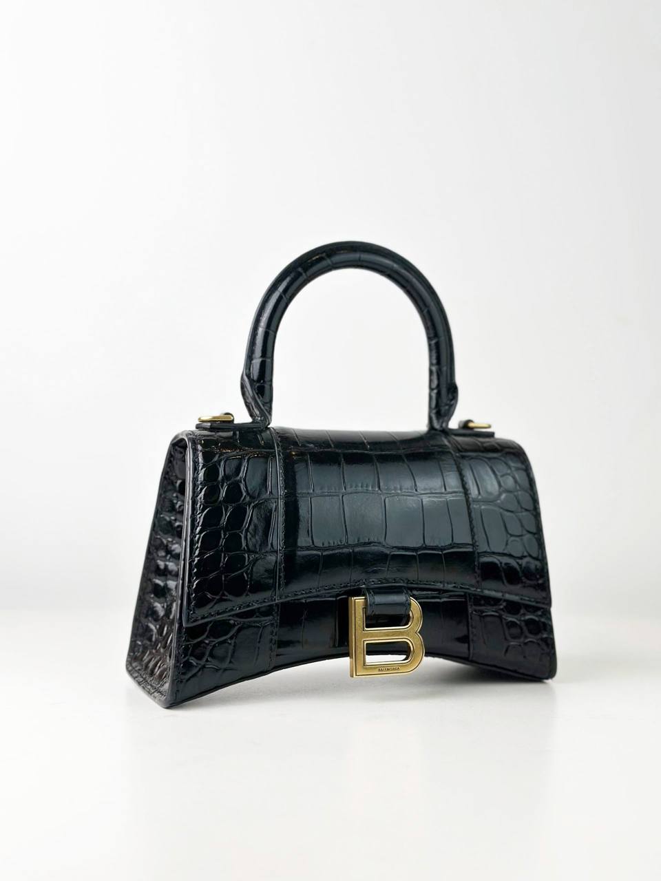 BALENCIAGA HOURGLASS XS BLACK CROC EMBOSSED CROSSBODY BAG GHW