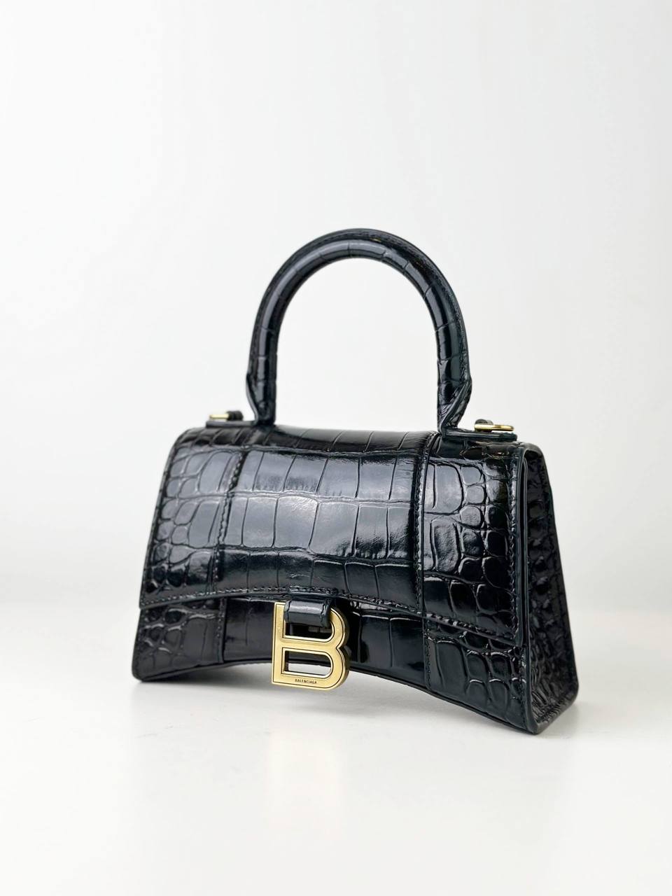 BALENCIAGA HOURGLASS XS BLACK CROC EMBOSSED CROSSBODY BAG GHW