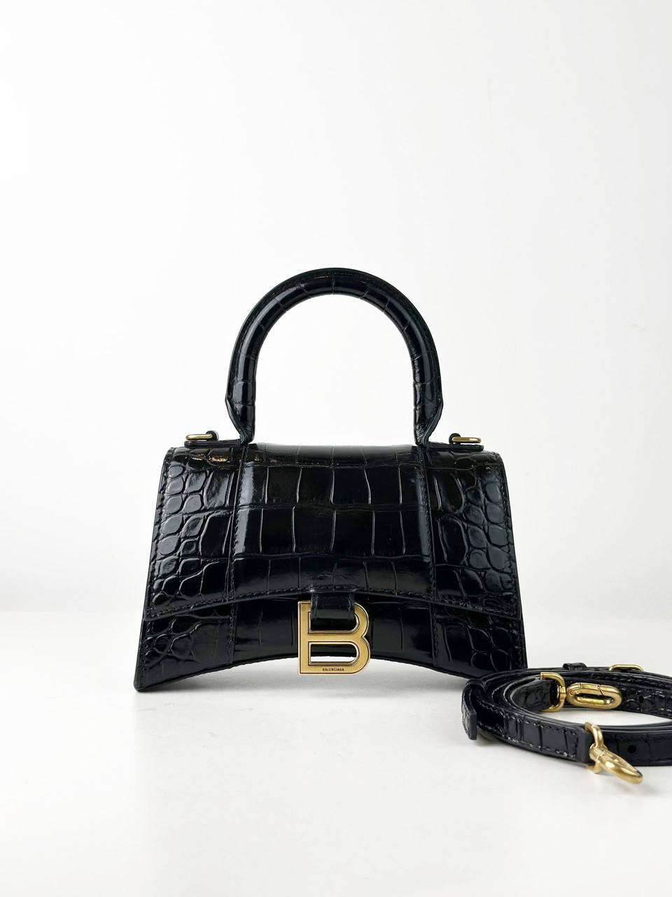 BALENCIAGA HOURGLASS XS BLACK CROC EMBOSSED CROSSBODY BAG GHW