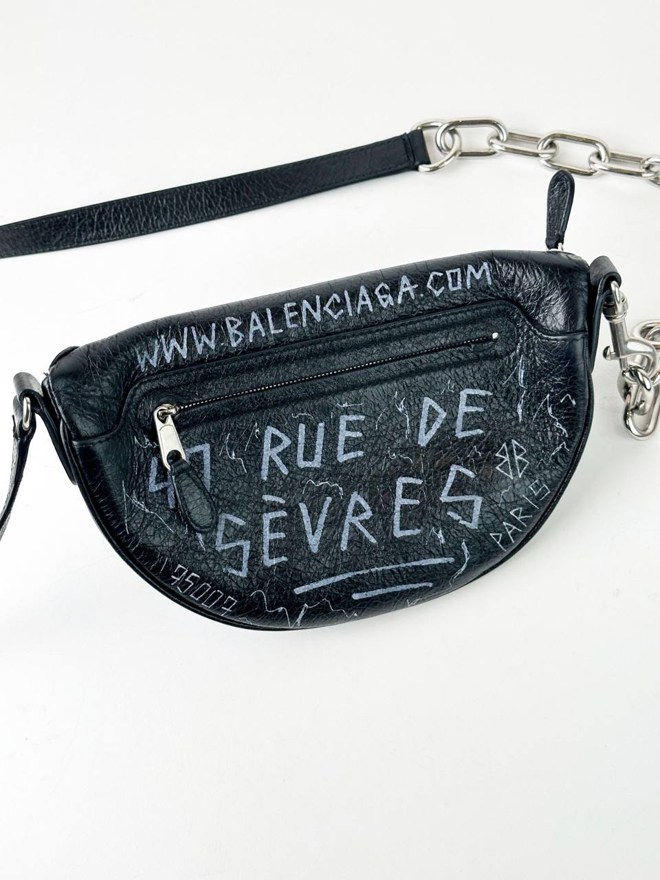 BALENCIAGA BLACK LEATHER GRAFFITI SOUVENIRS XXS BELT BAG