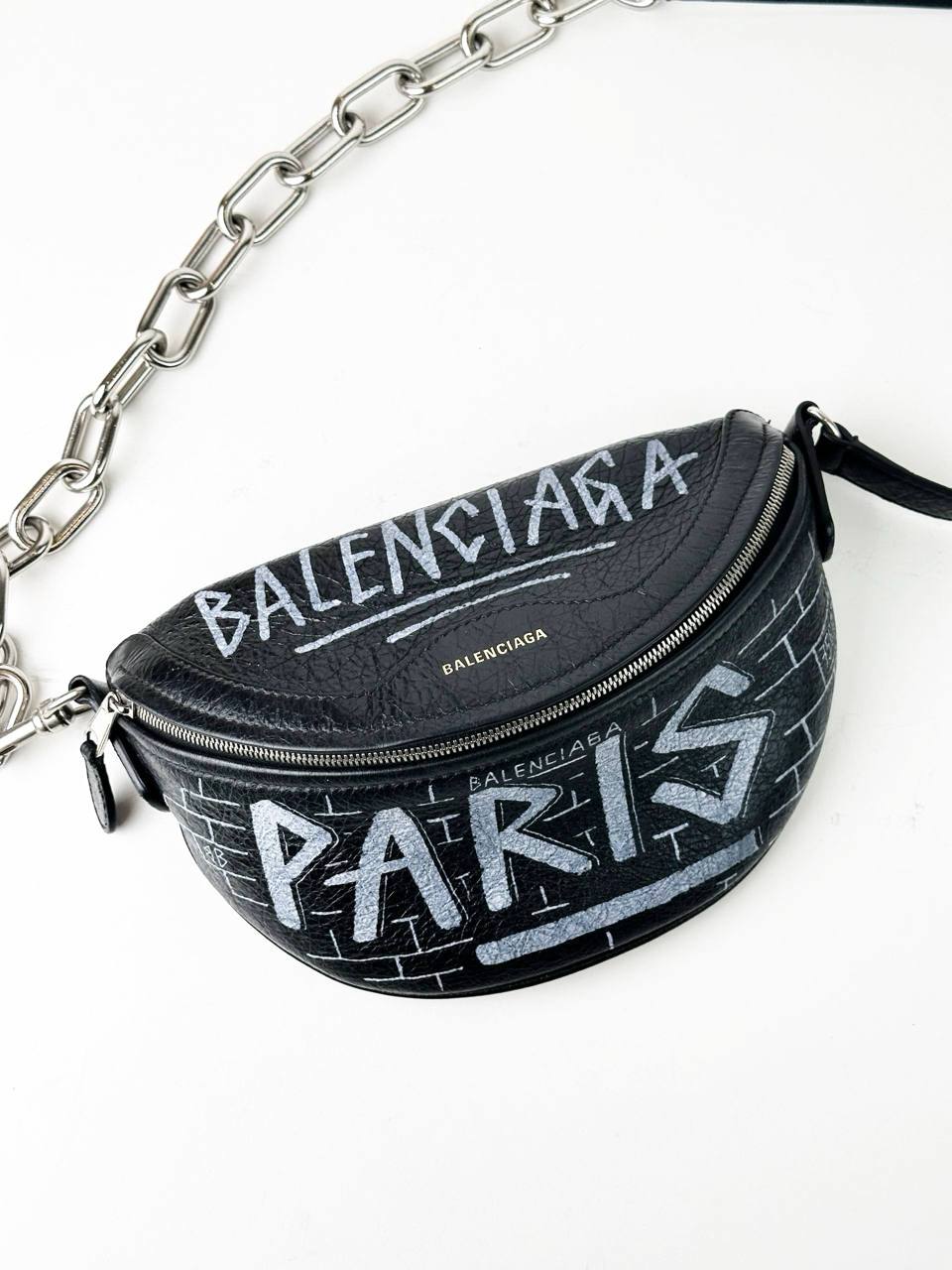 BALENCIAGA BLACK LEATHER GRAFFITI SOUVENIRS XXS BELT BAG