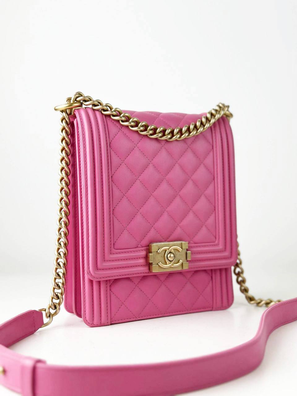 CHANEL NORTH SOUTH BOY FLAP PINK CROSSBODY BAG