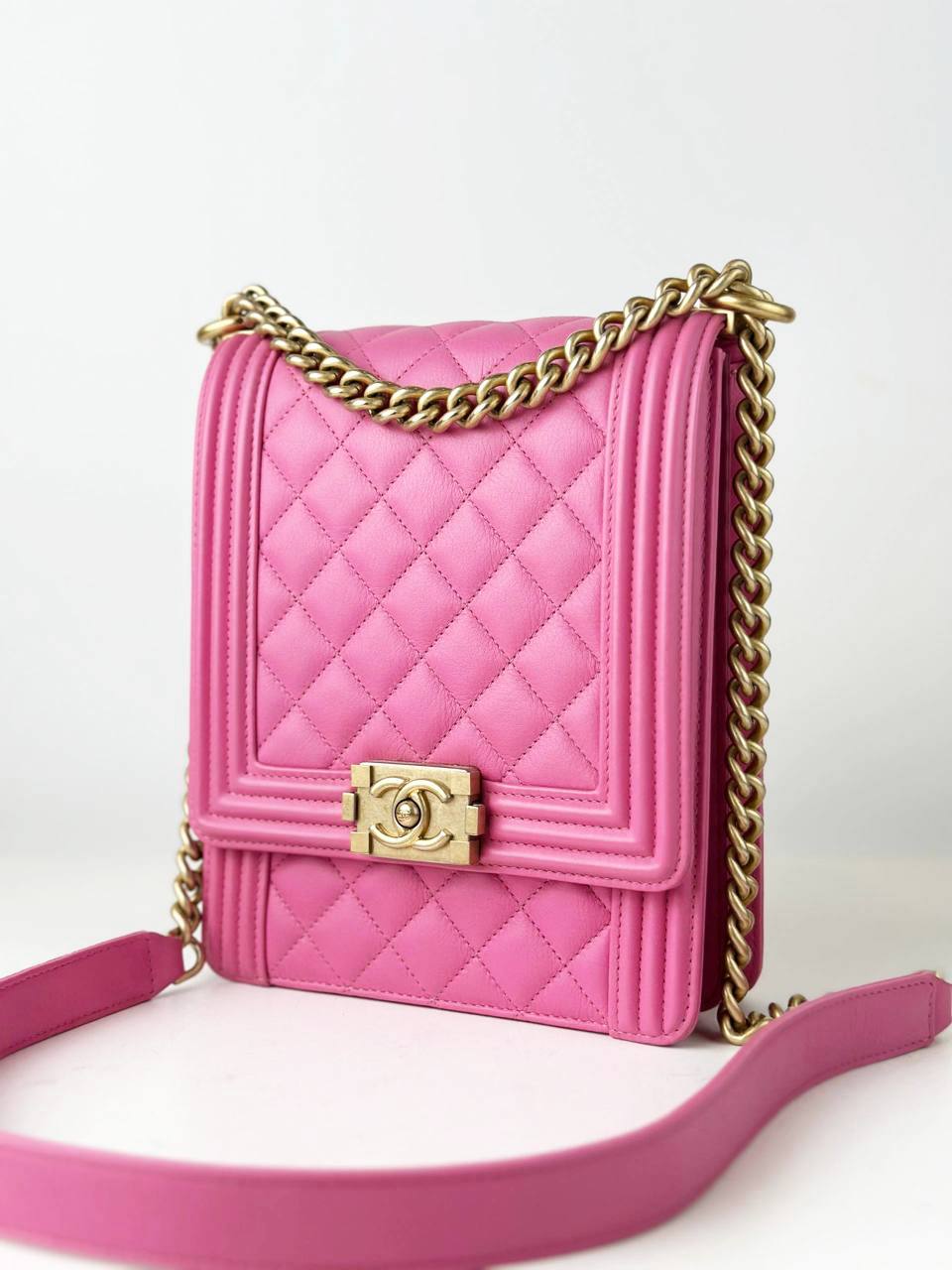 CHANEL NORTH SOUTH BOY FLAP PINK CROSSBODY BAG