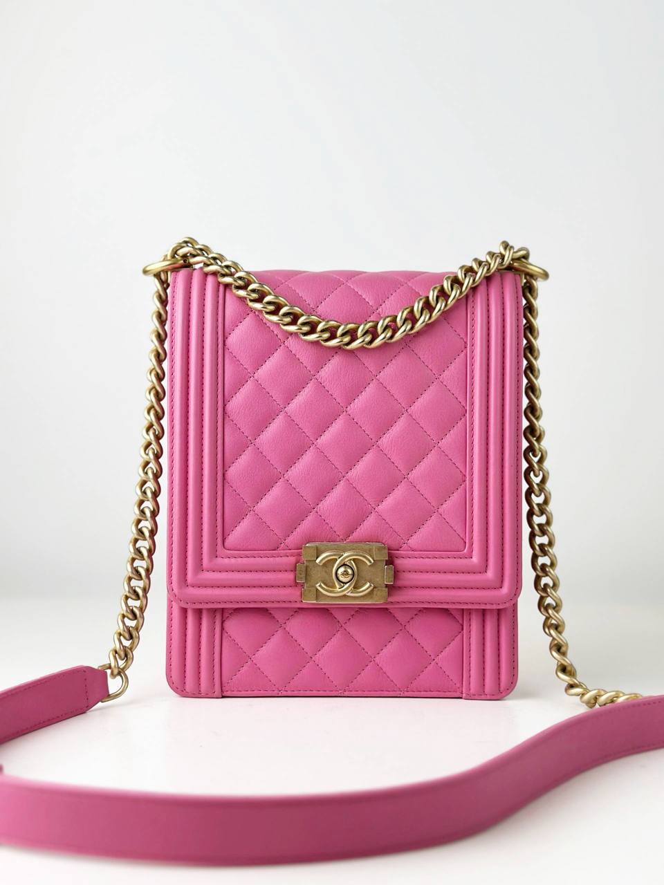 CHANEL NORTH SOUTH BOY FLAP PINK CROSSBODY BAG