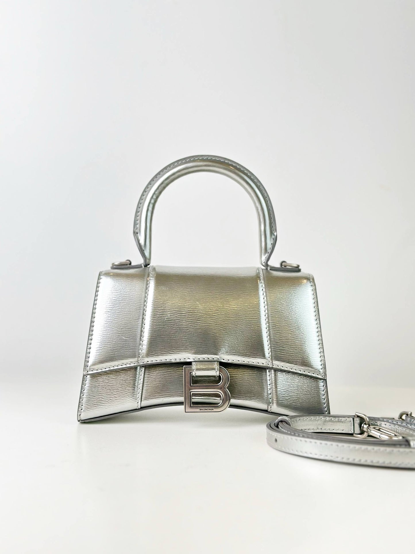 BALENCIAGA HOURGLASS XS SILVER CROSSBODY BAG