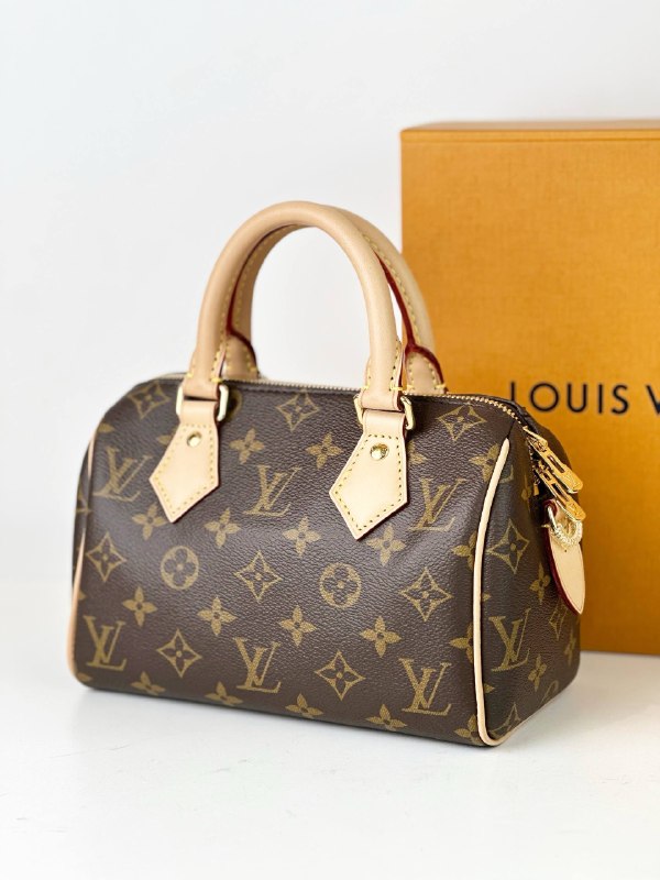 LOUIS VUITTON SPEEDY BANDOULIERE 20 MONOGRAM TOP HANDLE BAG WITH BEIGE PINK STRAP