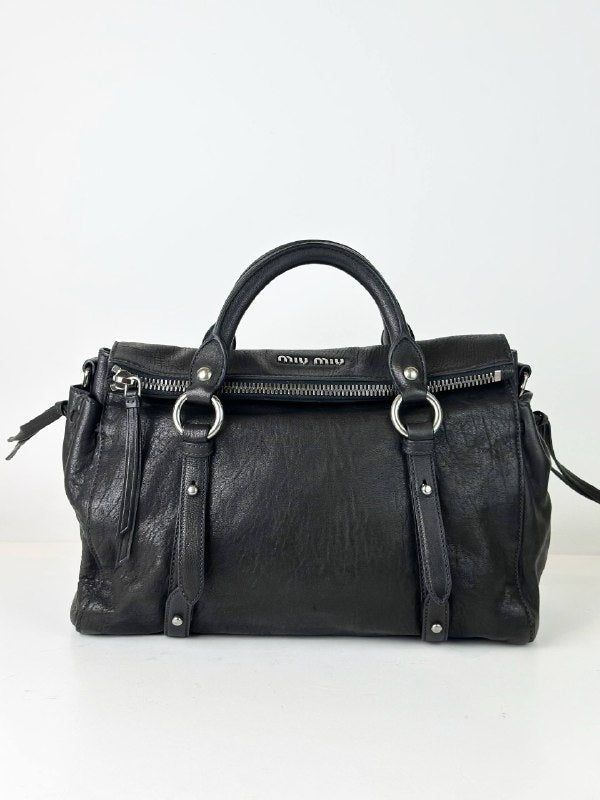 MIU MIU VITELLO LUX BOW MEDIUM BLACK HANDBAG WITH STRAP