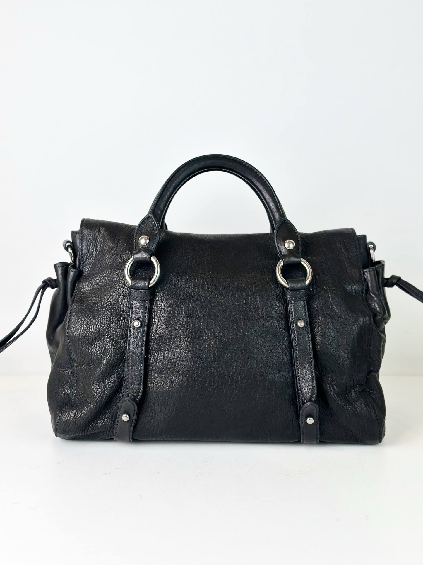 MIU MIU VITELLO LUX BOW MEDIUM BLACK HANDBAG WITH STRAP