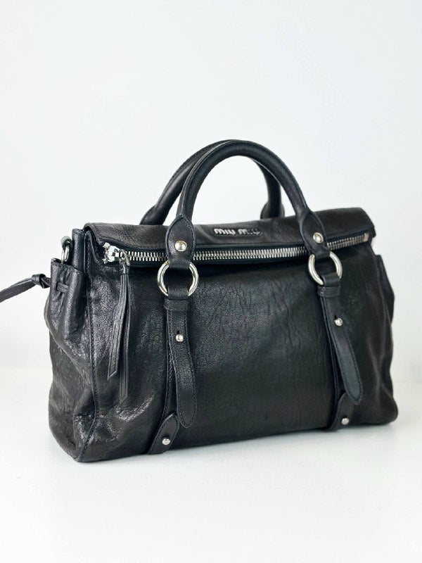 MIU MIU VITELLO LUX BOW MEDIUM BLACK HANDBAG WITH STRAP
