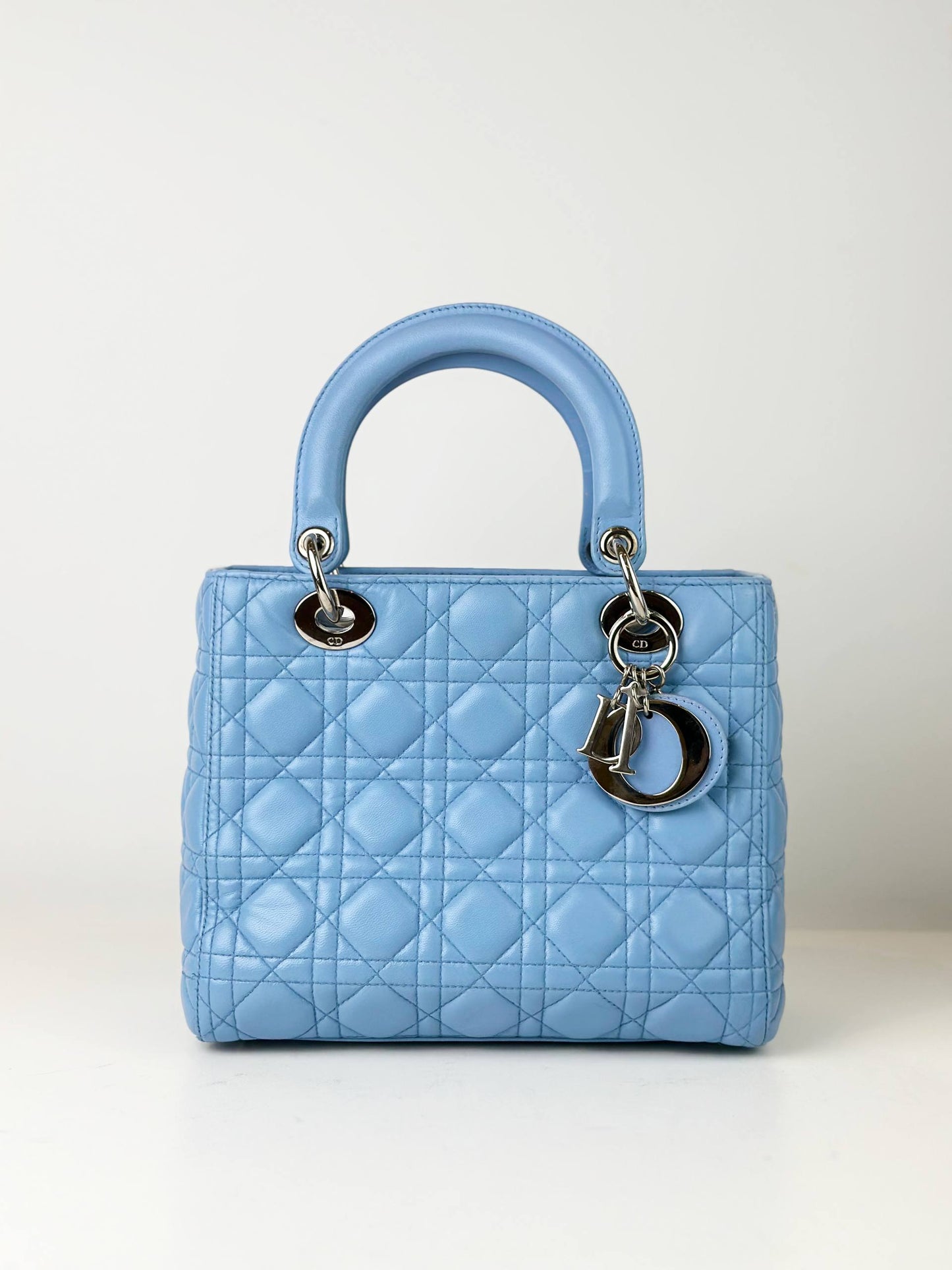 DIOR LADY DIOR LIGHT BLUE CANNAGE LEATHER MEDIUM HANDBAG WITH STRAP