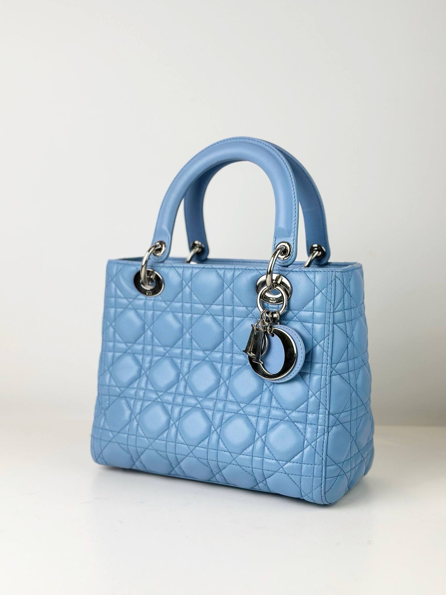 DIOR LADY DIOR LIGHT BLUE CANNAGE LEATHER MEDIUM HANDBAG WITH STRAP