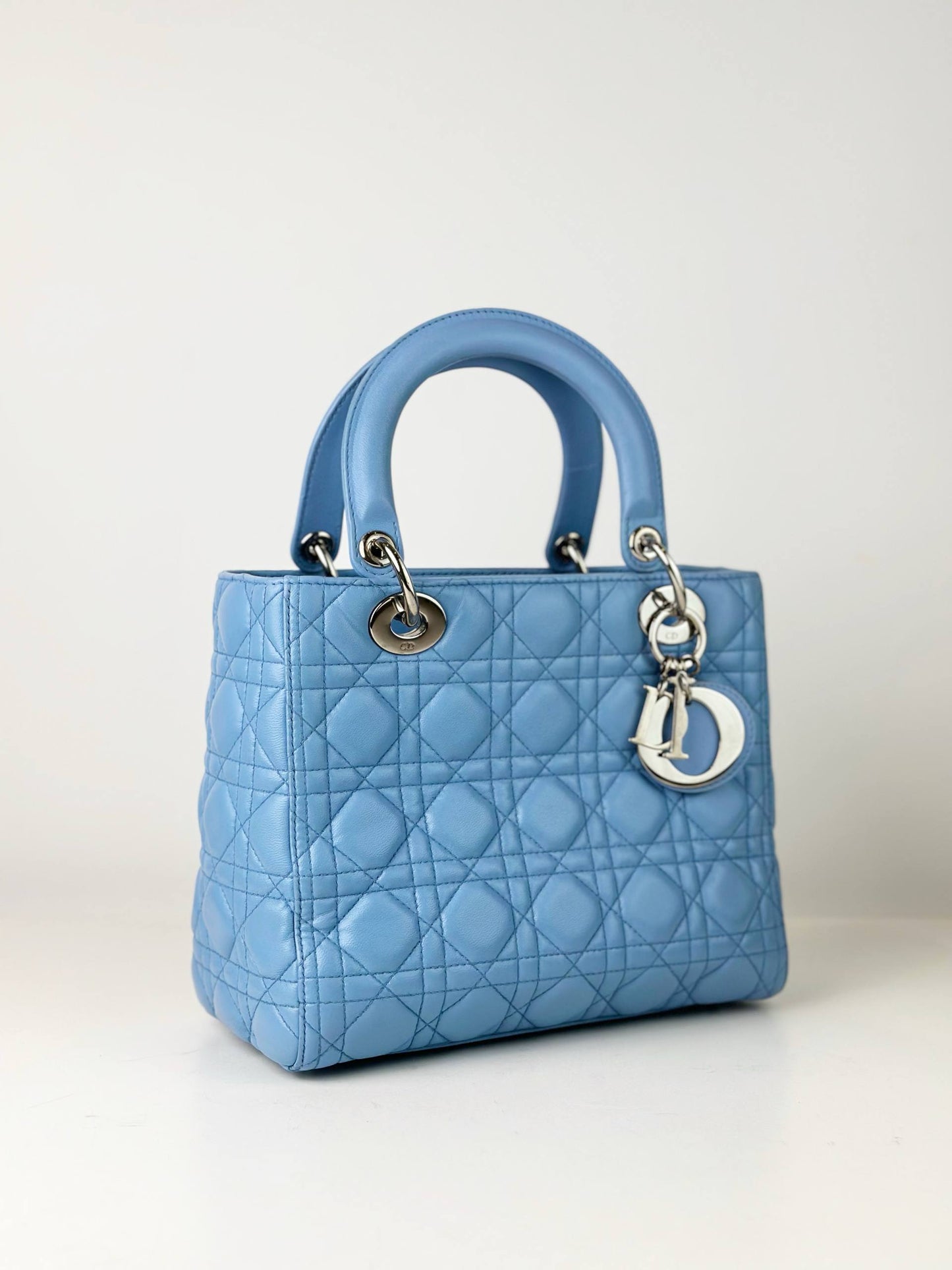 DIOR LADY DIOR LIGHT BLUE CANNAGE LEATHER MEDIUM HANDBAG WITH STRAP