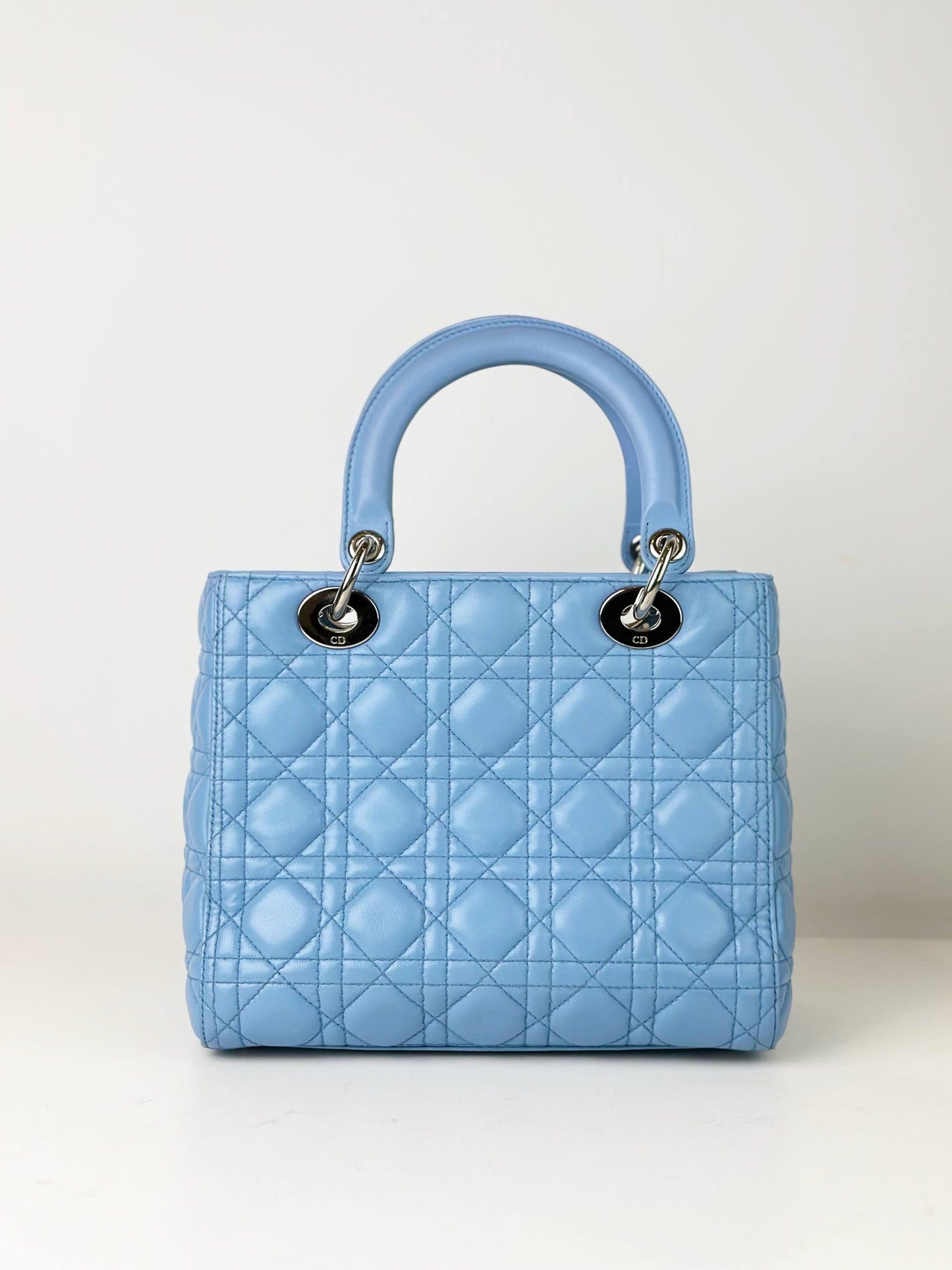 DIOR LADY DIOR LIGHT BLUE CANNAGE LEATHER MEDIUM HANDBAG WITH STRAP