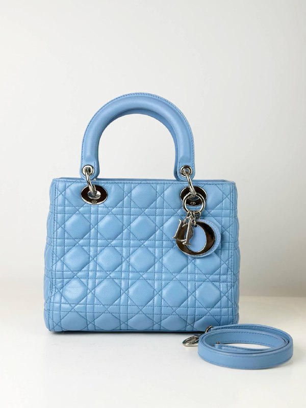 DIOR LADY DIOR LIGHT BLUE CANNAGE LEATHER MEDIUM HANDBAG WITH STRAP
