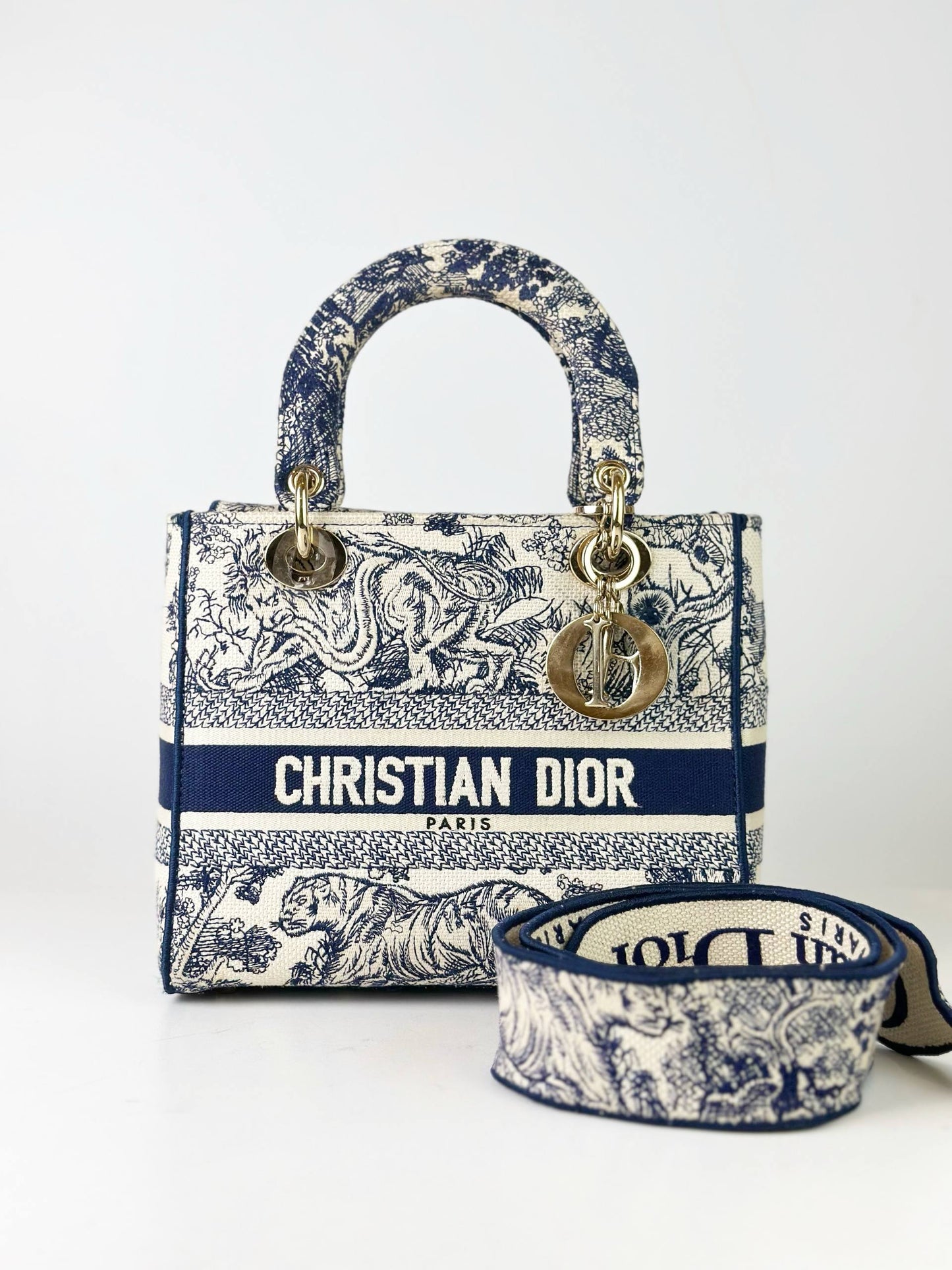 DIOR LADY D-LITE TOILE DE JOUY OBLIQUE MEDIUM HANDBAG WITH STRAP