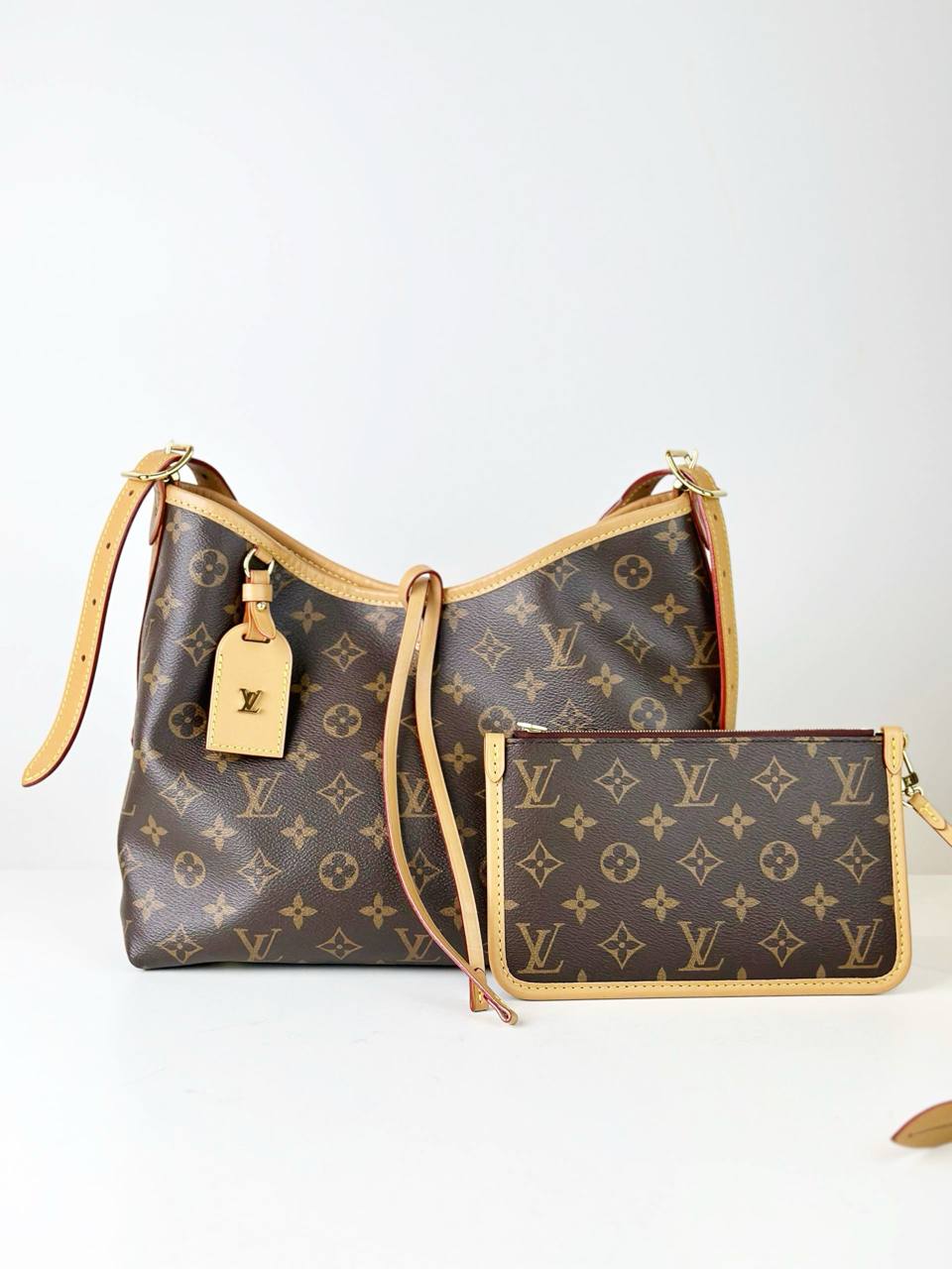 LOUIS VUITTON MONOGRAM CARRYALL PM SHOULDER BAG WITH POUCH