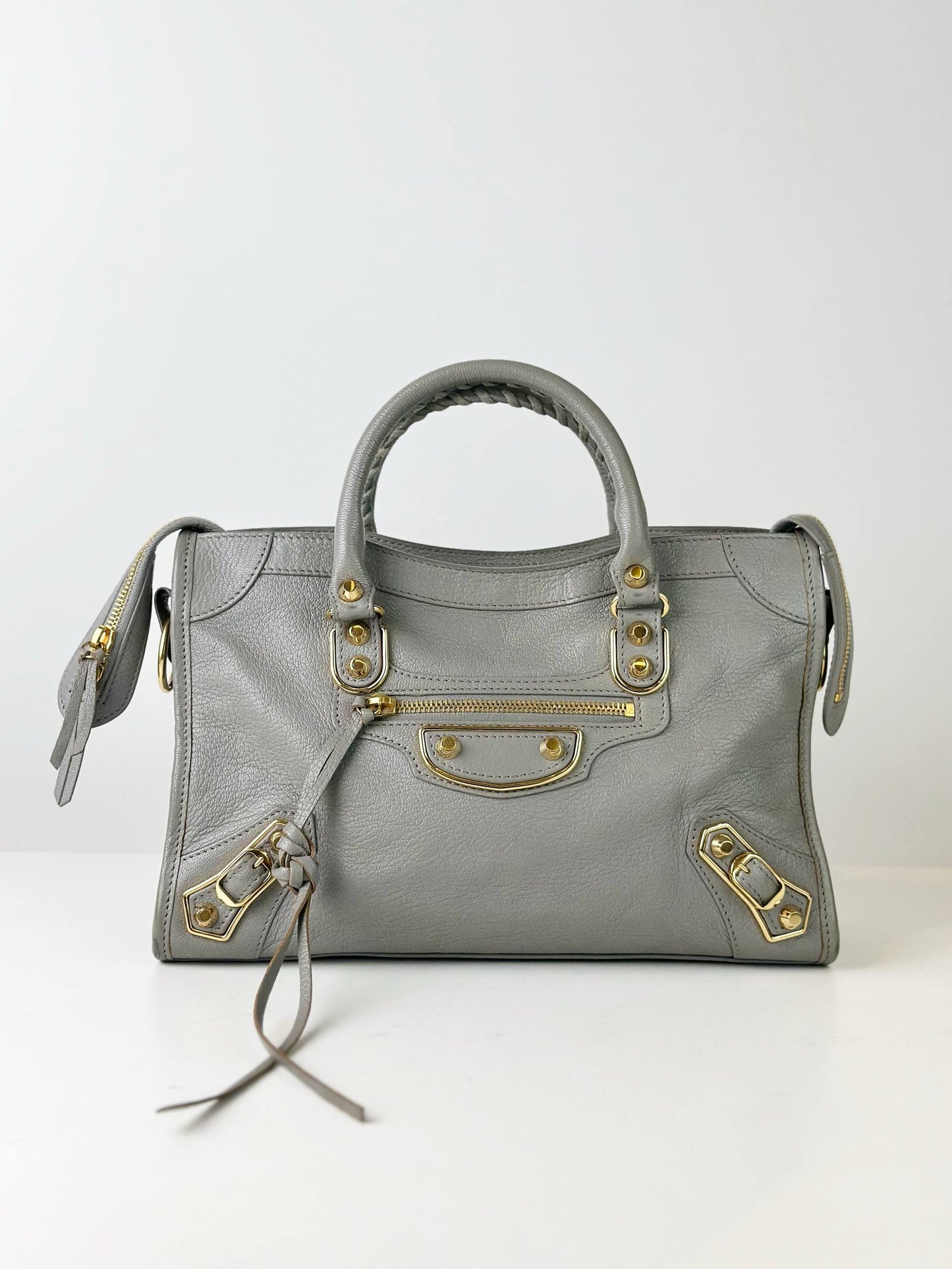 BALENCIAGA CITY GREY METALLIC EDGE SMALL HANDBAG WITH STRAP